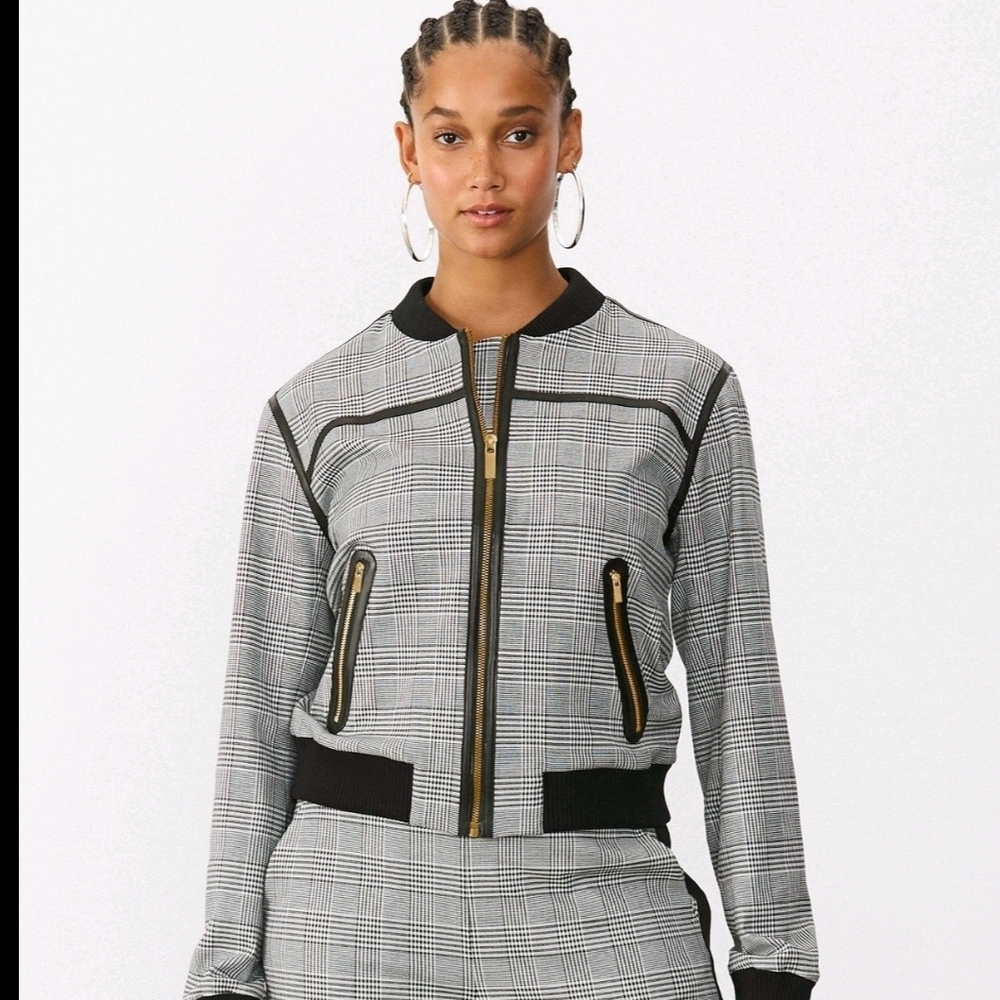 NWT Gstq Moto Houndstooth Plaid Bomber Jacket with Gold Zipper XS